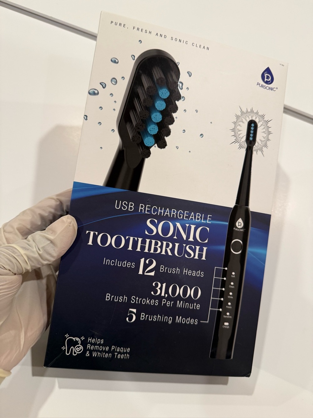 Pursonic USB Rechargeable Sonic Toothbrush Set - 12 Brush Heads 5 Modes